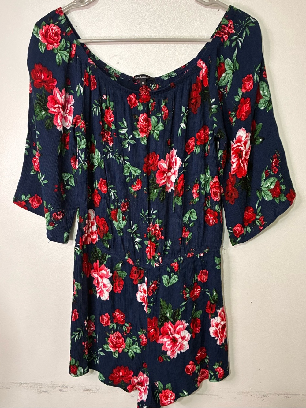 Ambiance Navy Floral Off-Shoulder Dress with Red Roses